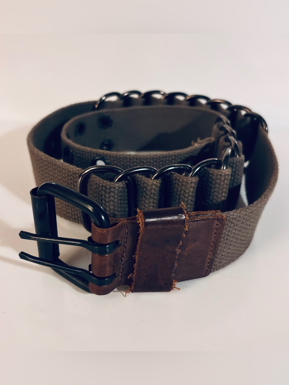 Olive green military style canvas belt (OD green) with leather